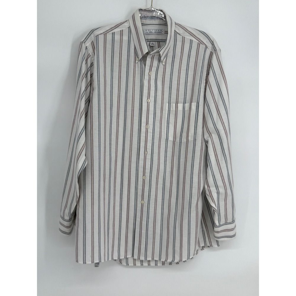 Editions by Van Heusen Mens Striped Button Down Shirt White Blue‎ Sz 16.5 34/35